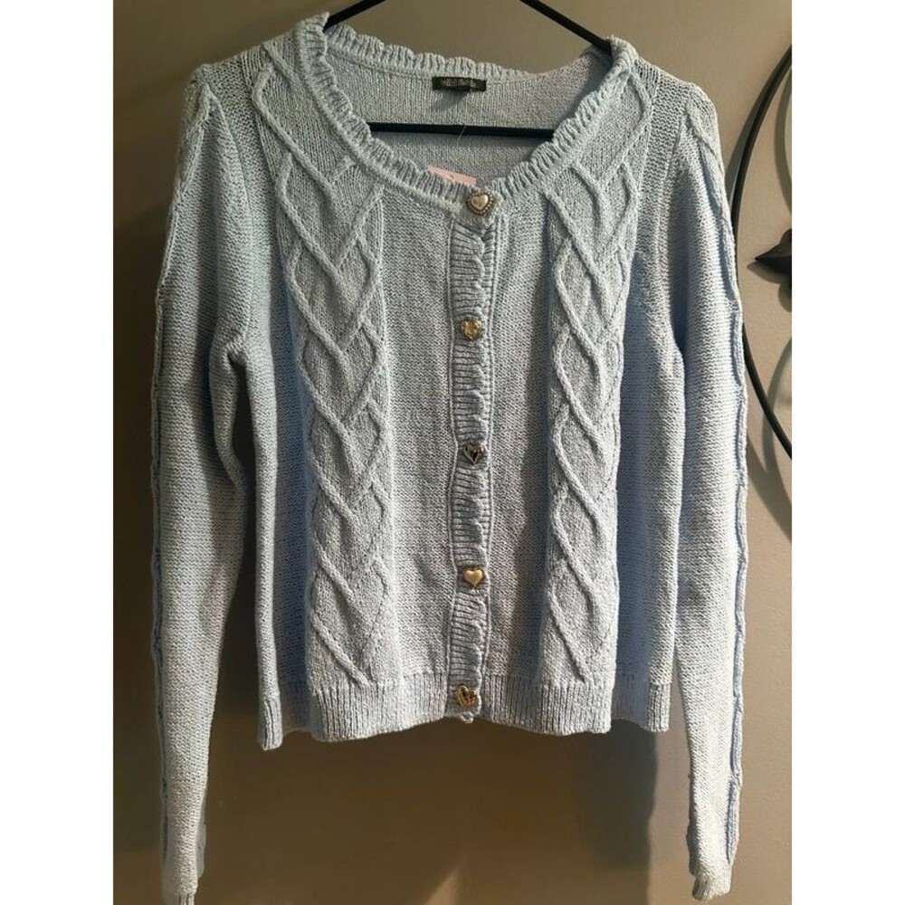 Wild Fable Women’s Blue Cable Knit Cardigan Sweater Heart Buttons Size M NWT